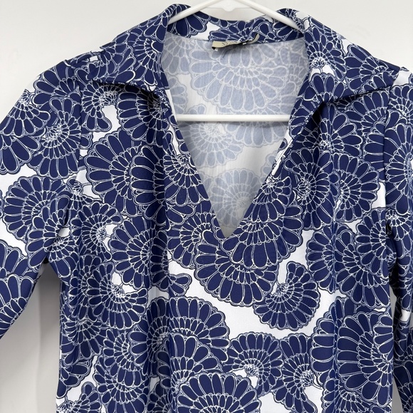 Katherine Way Top Women Small Blue White V Neck 3/4 Sleeve Swim Resort Stretch - Picture 4 of 11